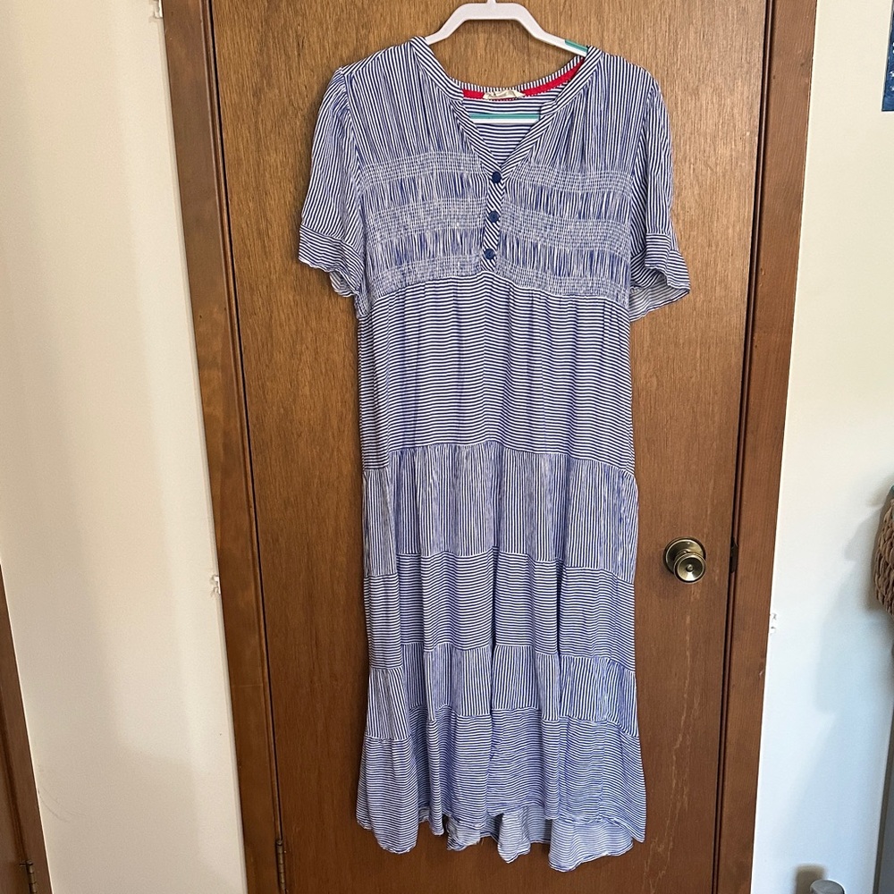 Blue Striped Cactus + Pearl Maxi Dress